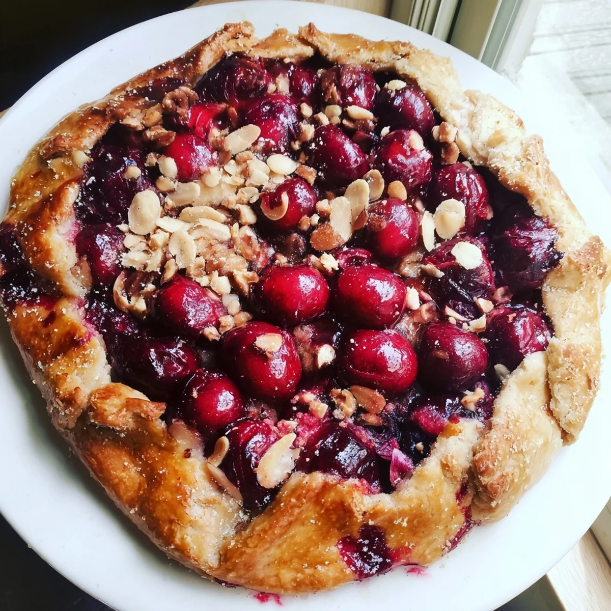 Golden-crusted Rustic Cherry and Vanilla Almond Galette, full of juicy cherries, waiting to be served.