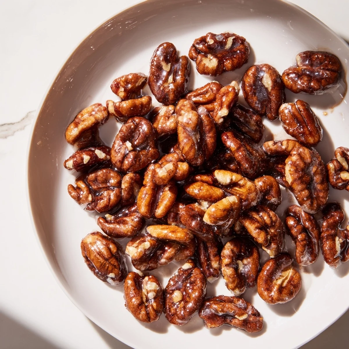 Golden, glistening Simple Garlic-Honey Roasted Pecans, a sweet and savory snack ready in minutes, aroma filling the kitchen.