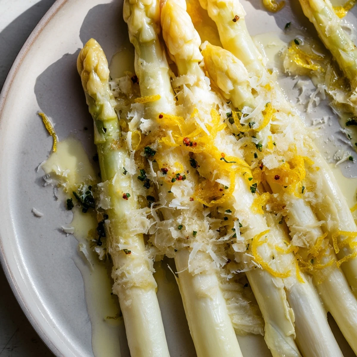 Tender, green roasted asparagus spears topped with Parmesan and bright lemon, flavorful bites.