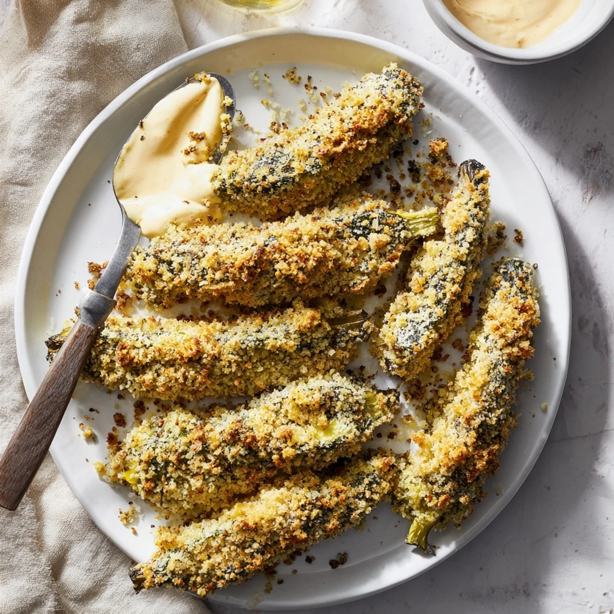 Oven-baked crispy zucchini rounds, offering a delightful crunch with a hint of spicy mayo for dipping.