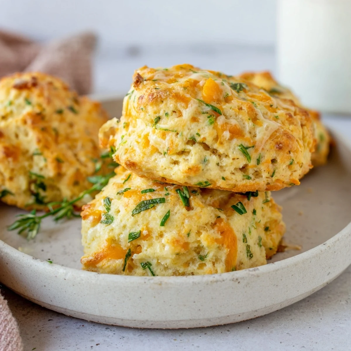 A close-up of golden cheddar and chive scones, flaky and savory, ready for a warm bite.