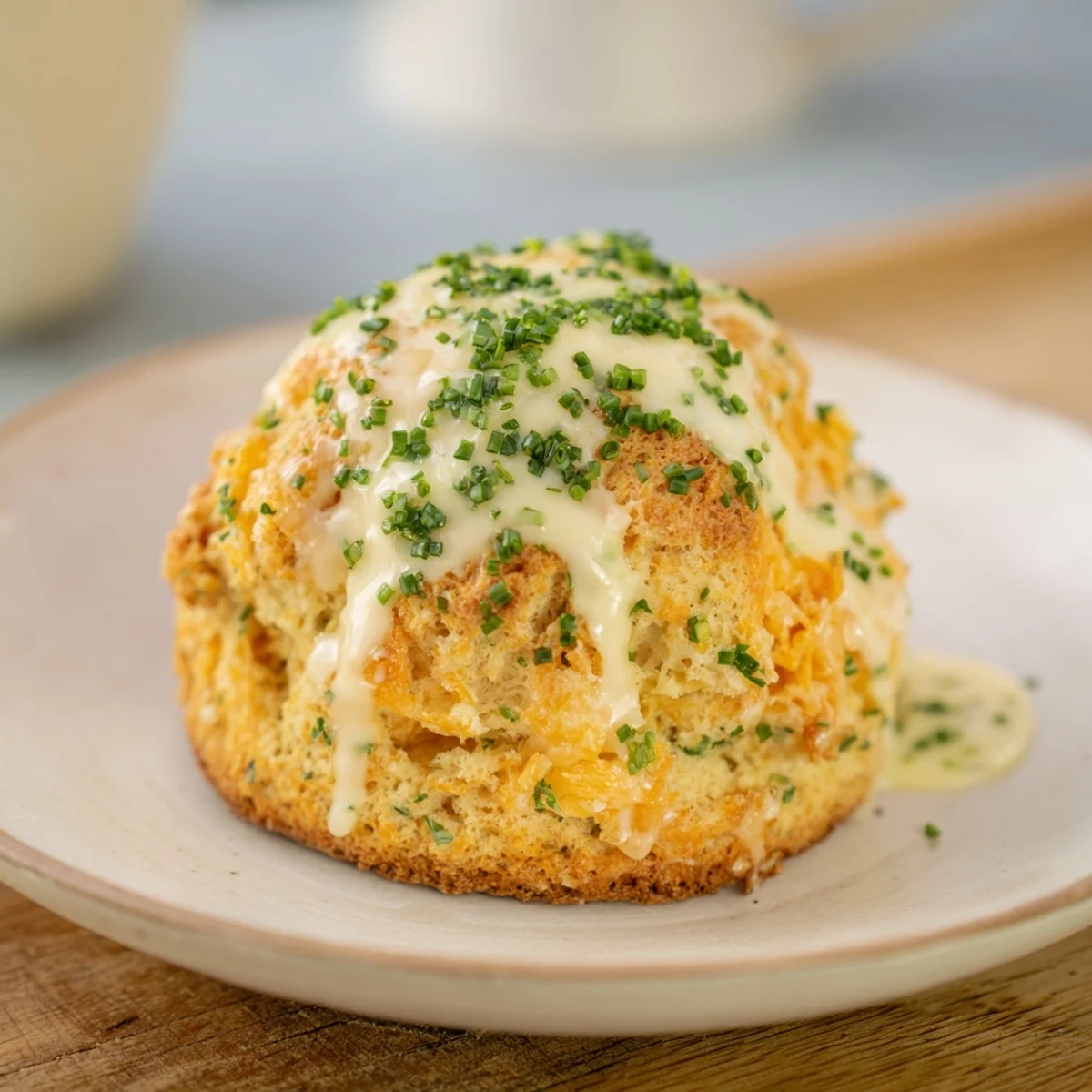 Freshly baked golden cheddar and chive scones with melted cheese, perfect with coffee or tea for brunch.