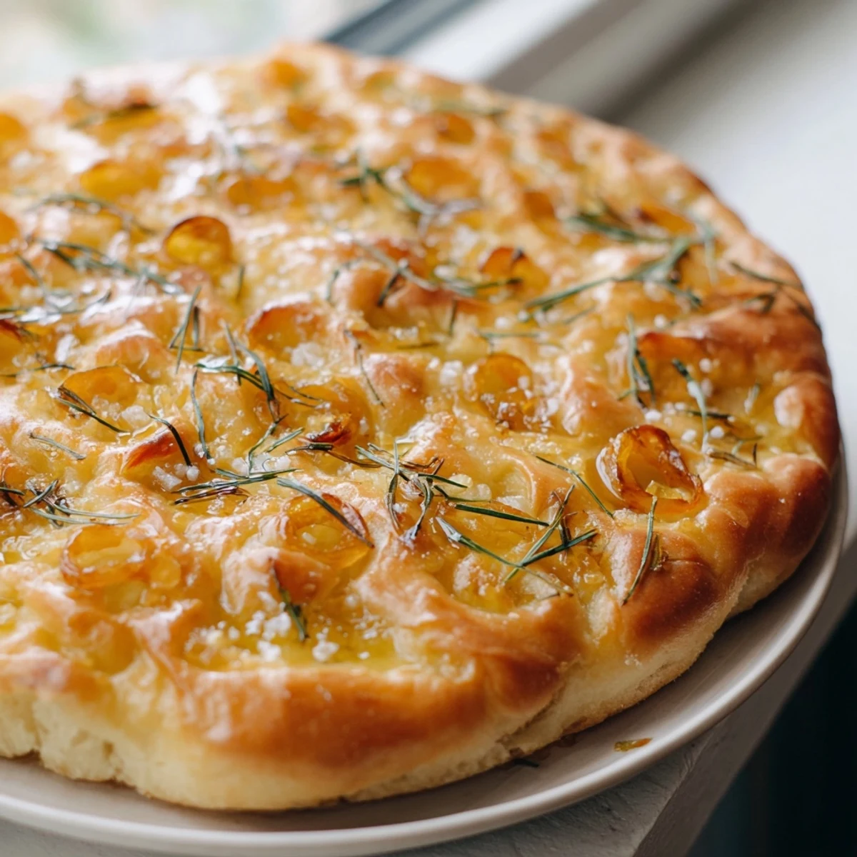 Freshly baked Simple Homemade Focaccia, a savory Italian flatbread, served warm alongside a salad.