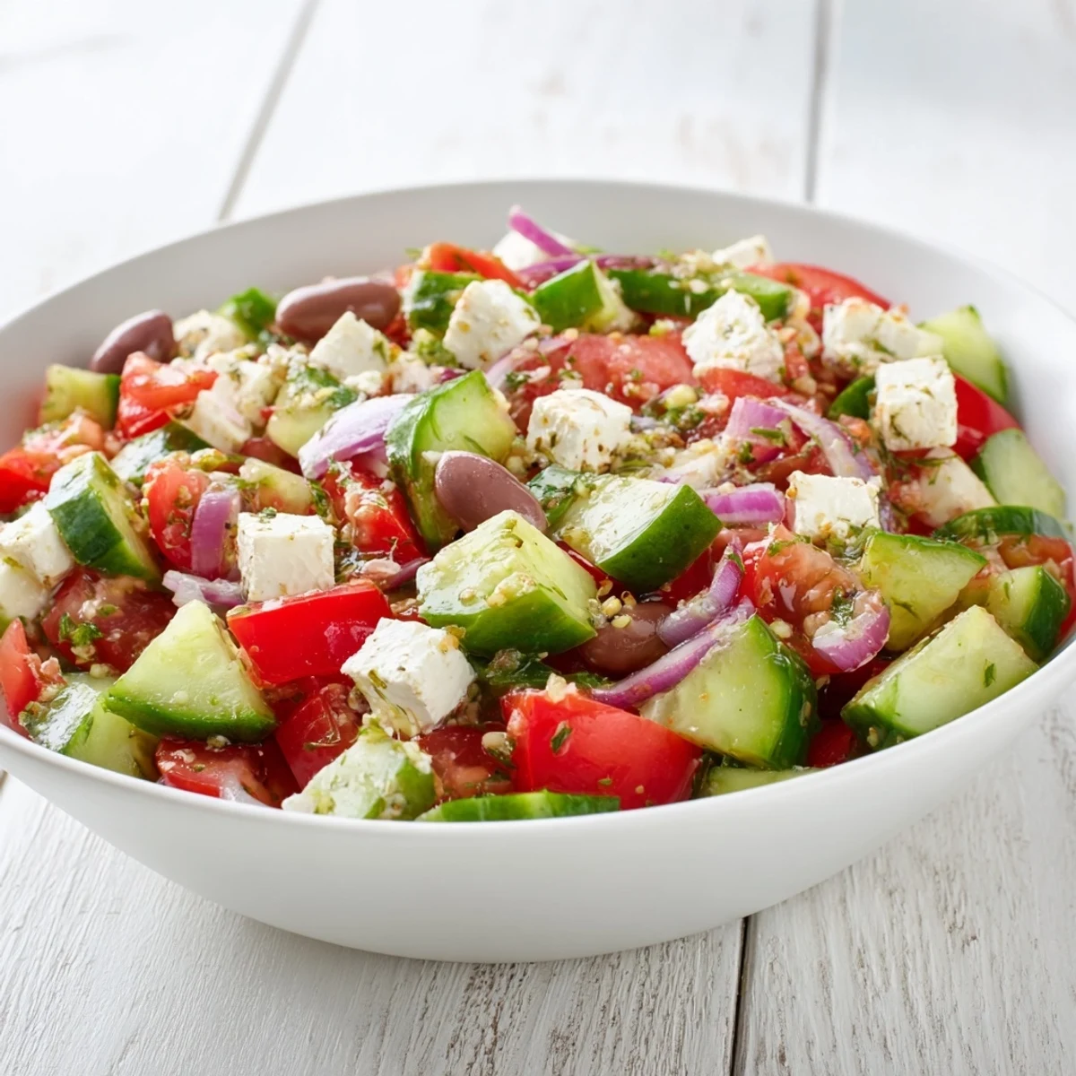 Fresh Mediterranean salad with chickpeas and olives: colorful, crisp vegetables tossed in zesty lemon dressing.