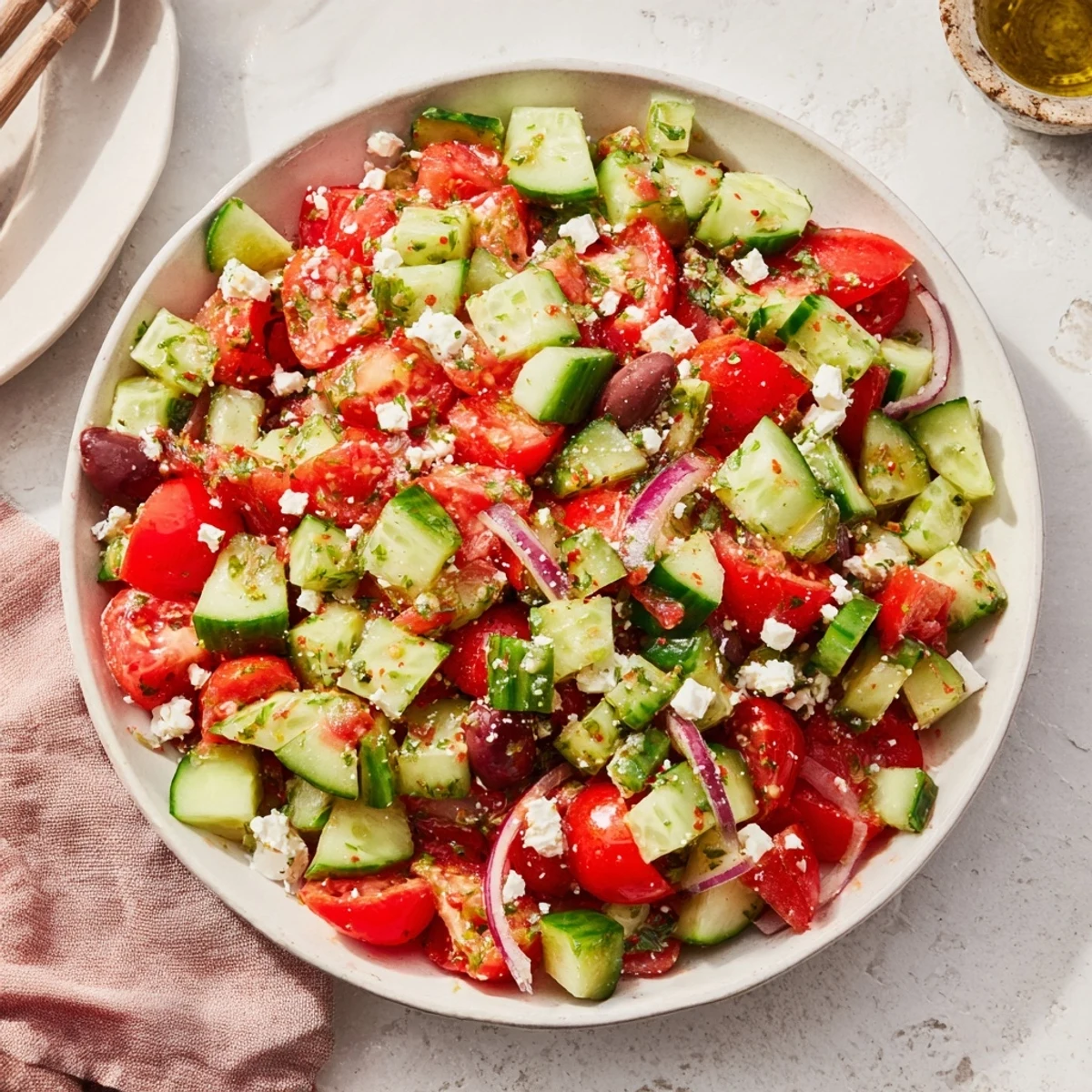 Imagine a refreshing bowl of Fresh Mediterranean Salad with chickpeas and olives, ready for a delicious, healthy lunch.