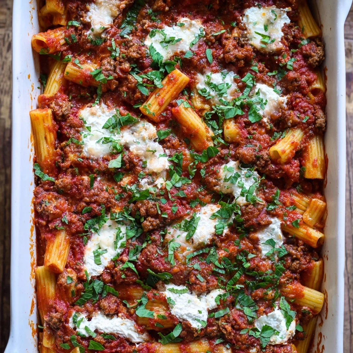Golden-brown One-Dish Baked Ziti, bubbling with melted mozzarella and ready to serve for dinner.
