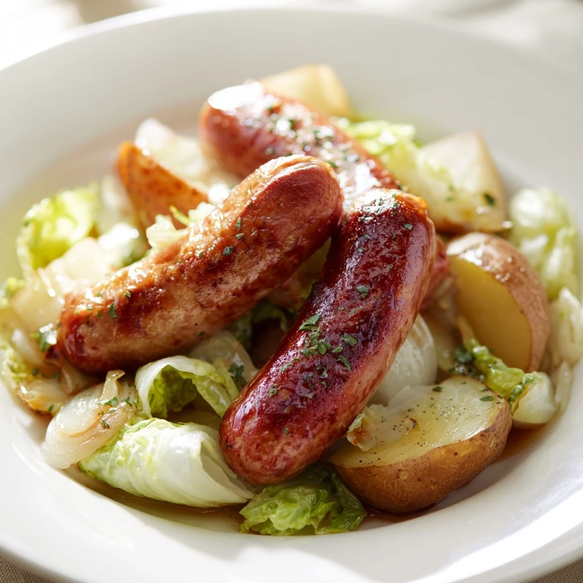 All-in-One Pan Sausage and Cabbage Bake: Roasted sausages with golden vegetables, a delicious, easy meal.