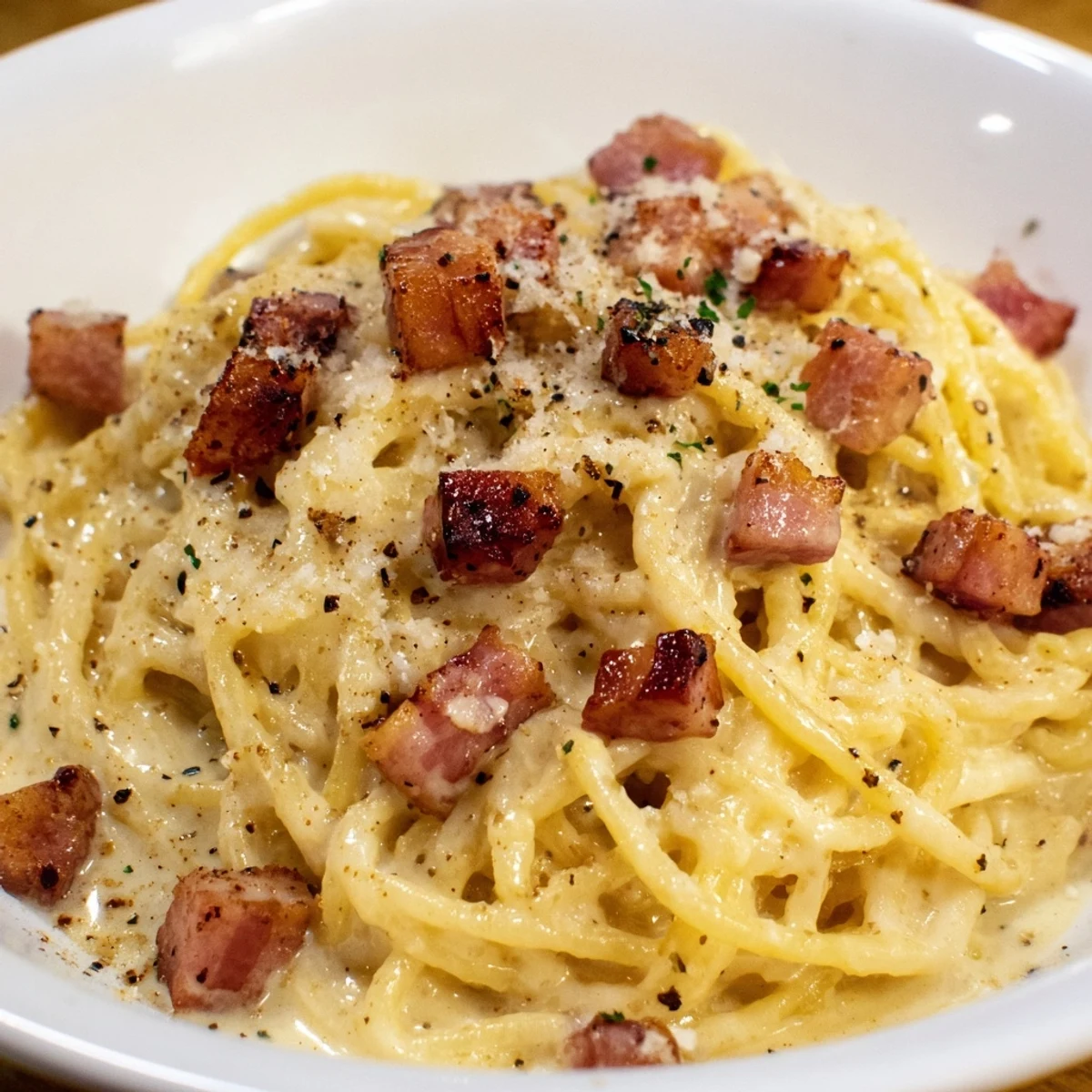 Golden strands of The Best 15-Minute Creamy Carbonara pasta coated in a rich, velvety sauce.