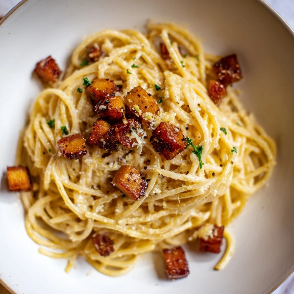 A bowl of The Best 15-Minute Creamy Carbonara topped with crispy pancetta pieces and fresh parsley.