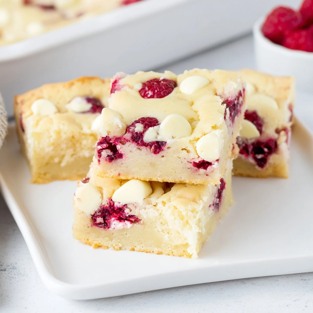 Warm, golden Decadent White Chocolate and Raspberry Blondies with melted chocolate and juicy raspberries.