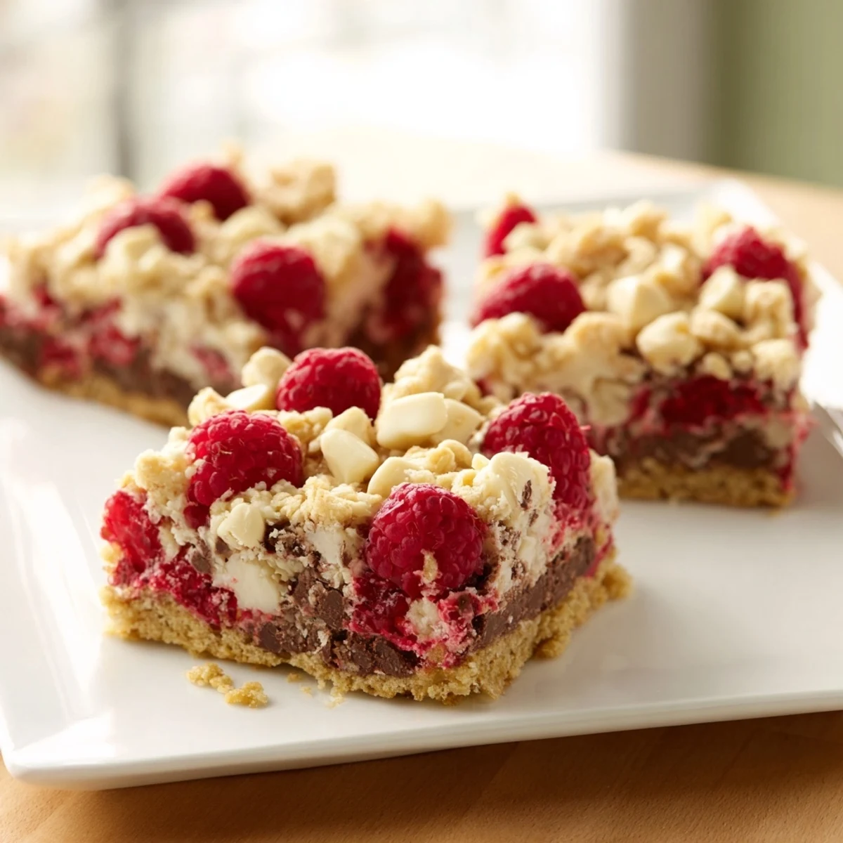 Sweet bursts of raspberry and white chocolate make these decadent blondies a delightful baked treat.