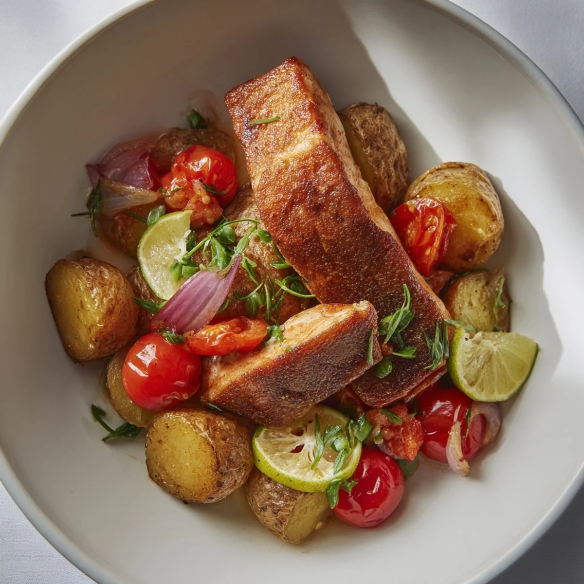 One-Tray Baked Trout, glistening and flaky, served with roasted vegetables and fresh herbs.