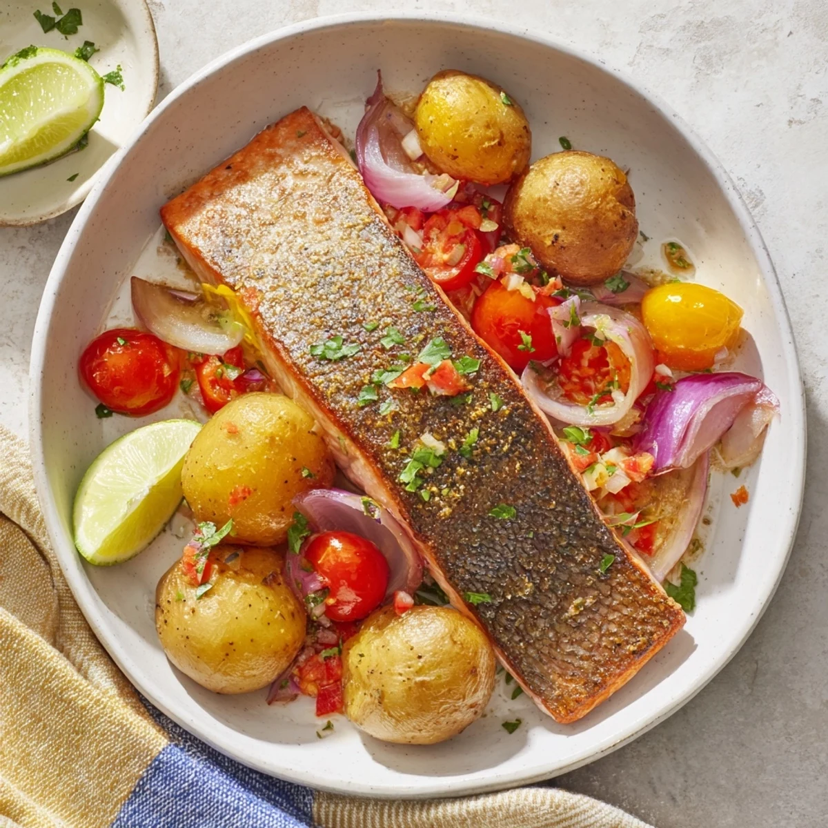 Golden-brown one-tray baked trout, surrounded by tender potatoes and juicy roasted tomatoes.
