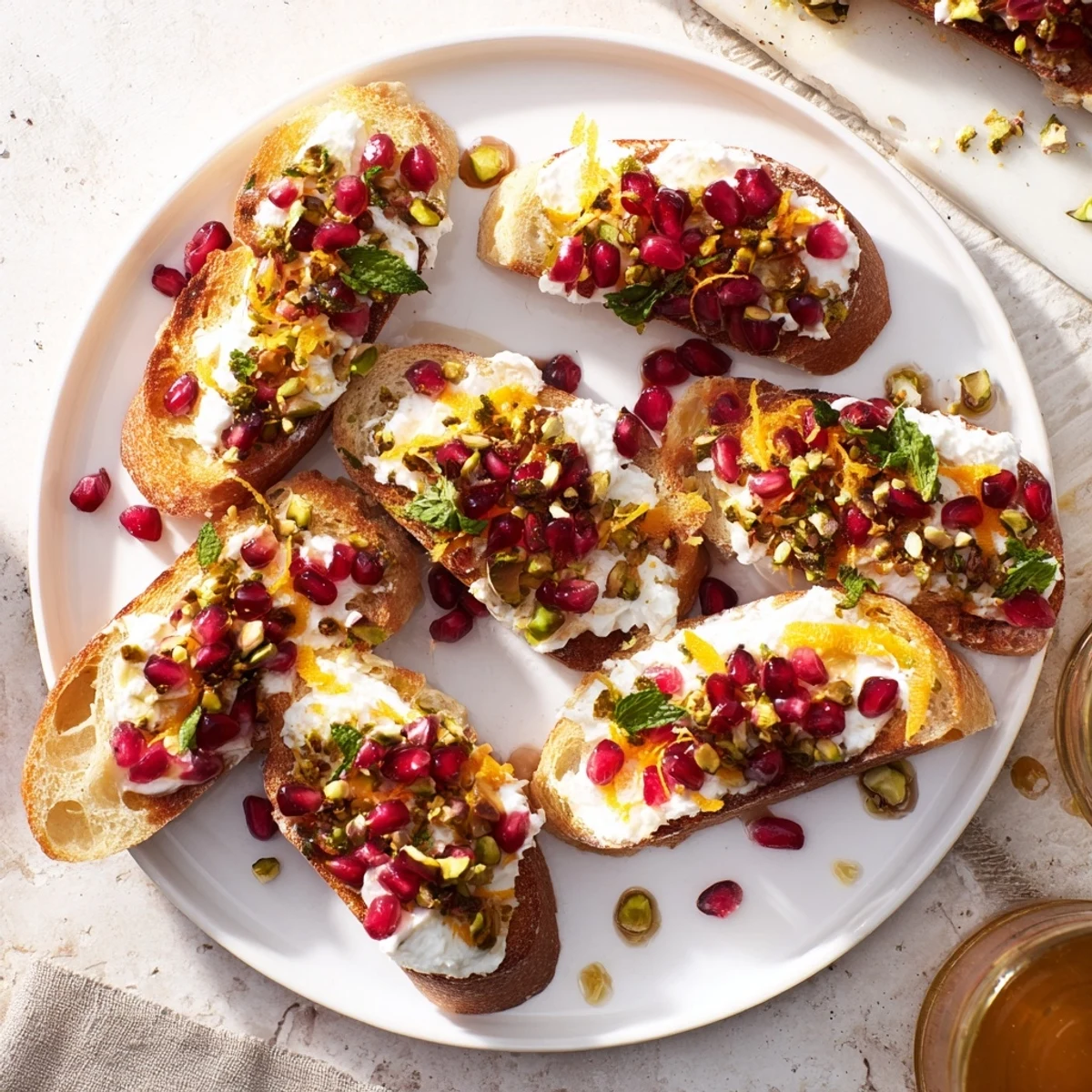 Golden Festive Pomegranate and Goat Cheese Crostini with a creamy goat cheese base, vibrant red pomegranate.