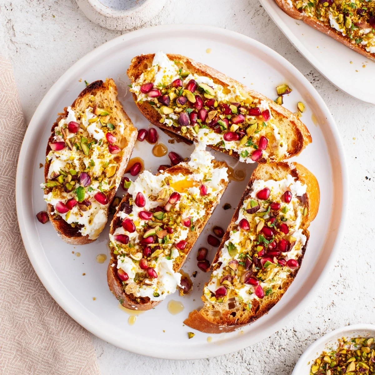 Toasted baguette rounds topped with creamy goat cheese and bright pomegranate seeds complete these Festive Crostini.