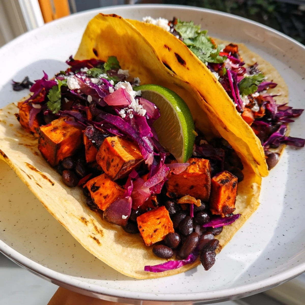 Quick Sweet Potato and Black Bean Tacos—vibrant vegetarian tacos with roasted sweet potatoes and fresh cilantro.