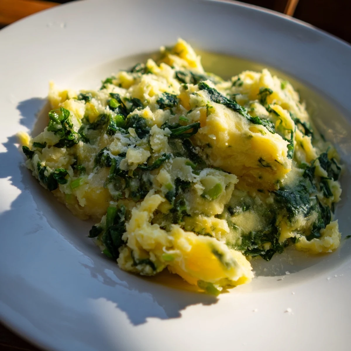 A bowl brimming with Creamy Spinach and Parmesan Mashed Potatoes, a delicious vegetarian comfort food.