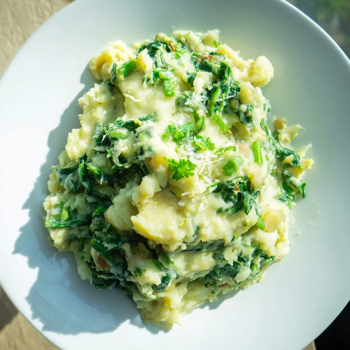 Fluffy Creamy Spinach and Parmesan Mashed Potatoes, a savory side dish ready to serve.