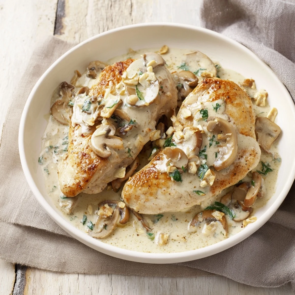 Juicy skillet-seared chicken breast smothered in creamy mushroom sauce, plated and ready to enjoy.