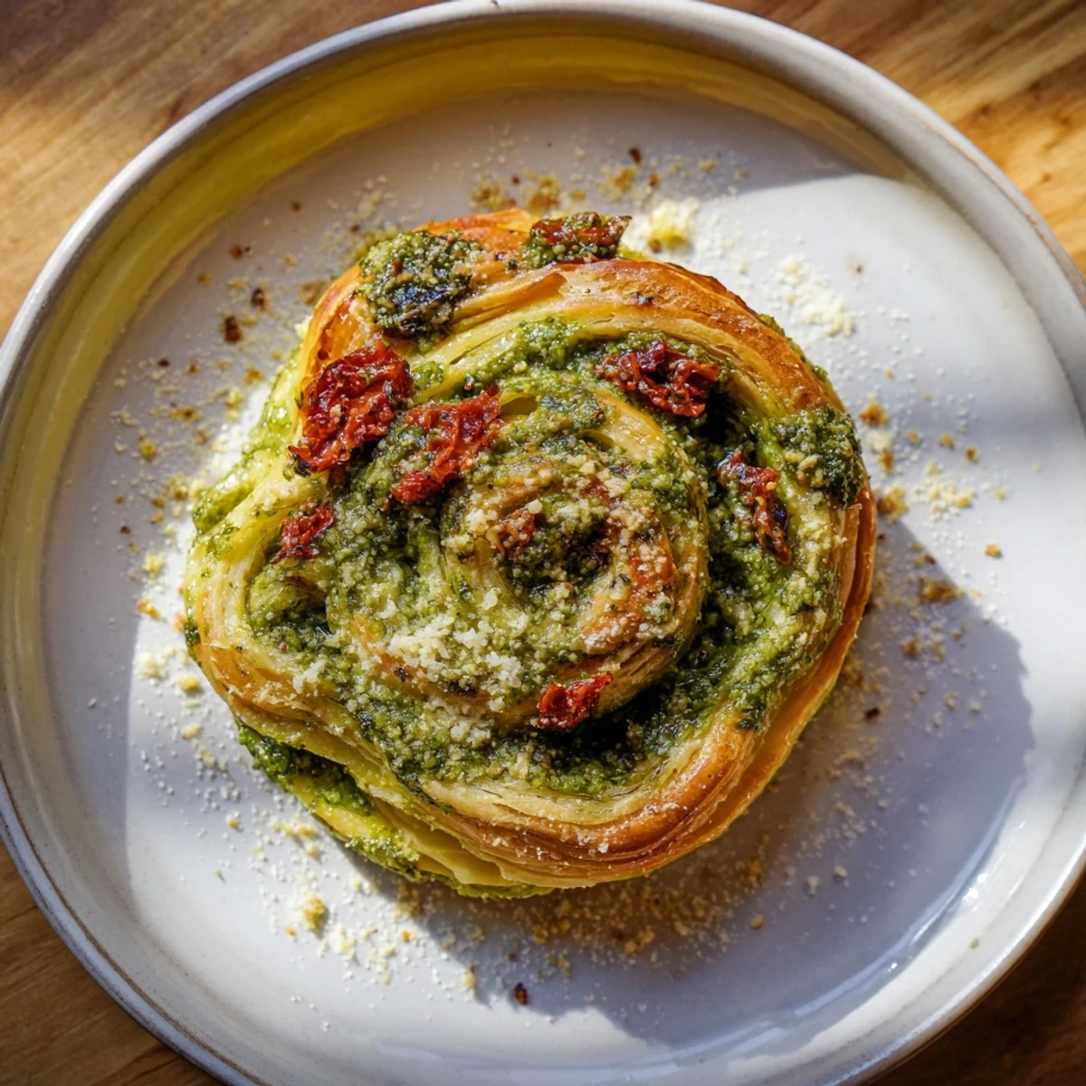 Golden, flaky Savory Sun-Dried Tomato and Pesto Palmiers, a delightful vegetarian appetizer.