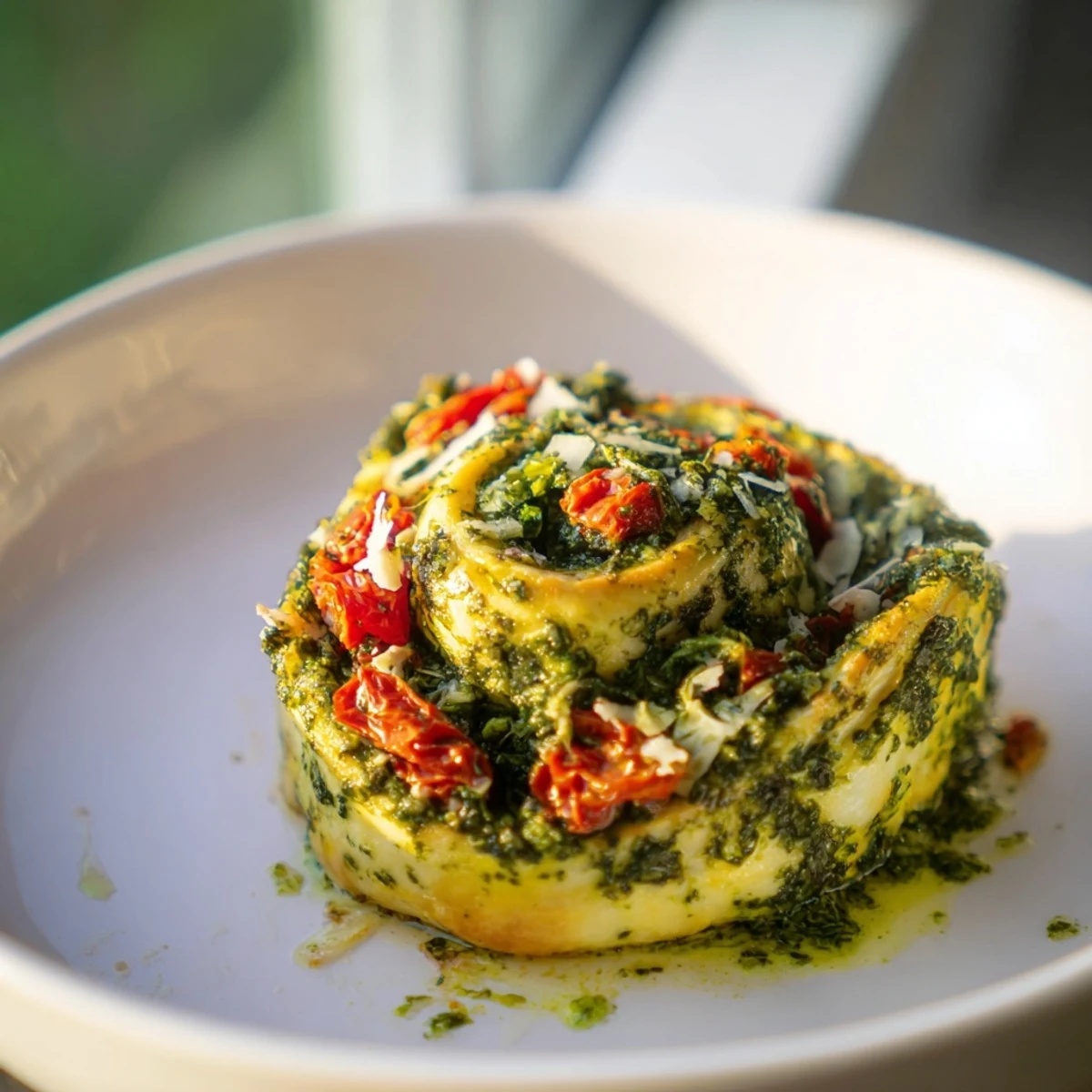 Close-up of baked Savory Sun-Dried Tomato and Pesto Palmiers, showcasing the flavorful filling and pastry.