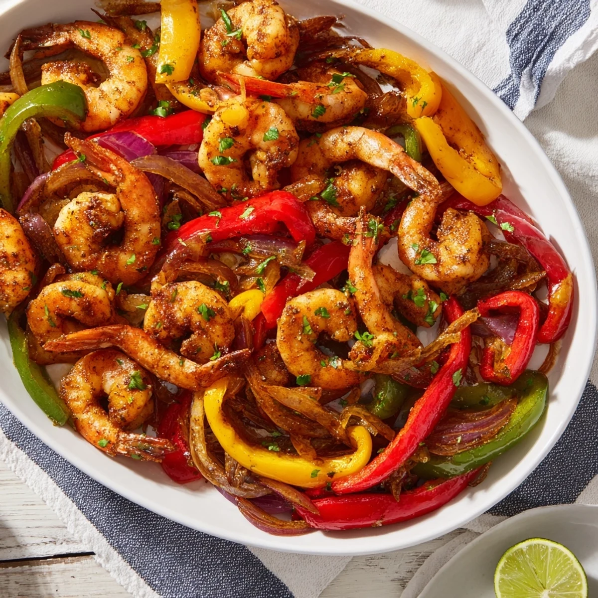 Juicy sheet pan shrimp fajitas, bursting with Tex-Mex flavors, ideal for a quick and delicious weeknight dinner.