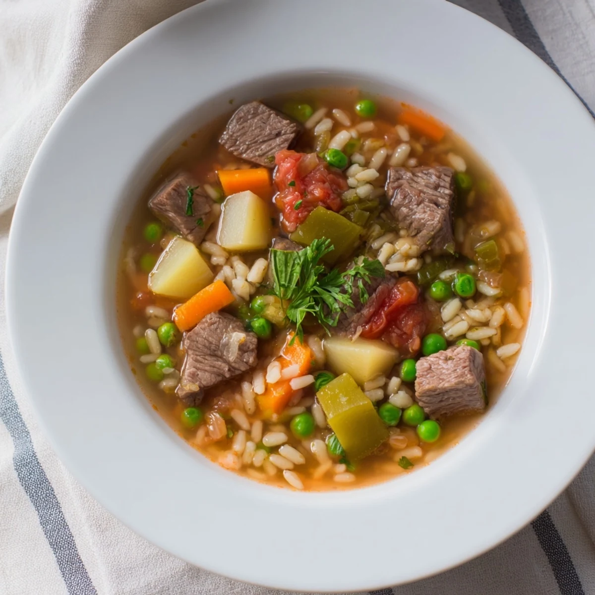 Steaming bowl of One-Pot Hearty Beef and Barley Soup with tender beef and vegetables; a flavorful meal.