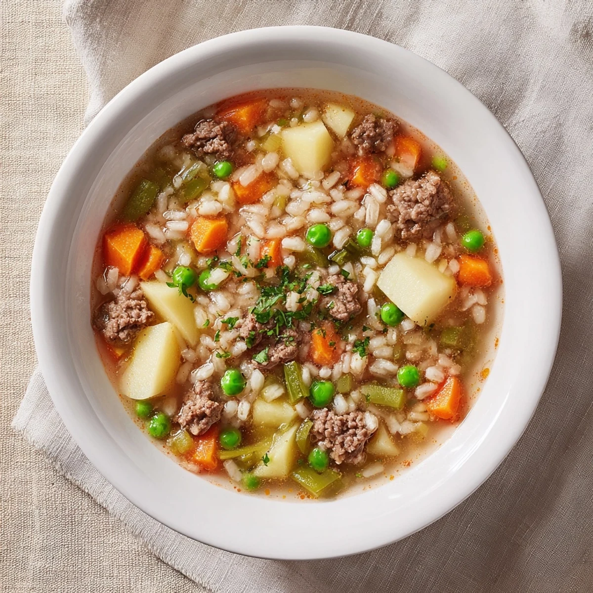 A close up shows the delicious depth of One-Pot Hearty Beef and Barley Soup with garnishes, warm and inviting.