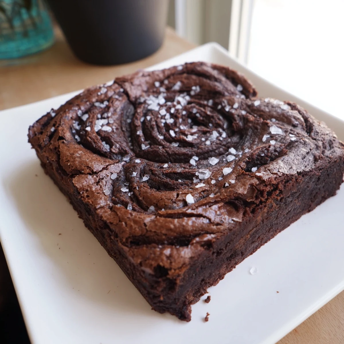 Dark chocolate and sea salt brownies, glistening with flaky salt, perfect with a scoop of vanilla ice cream.