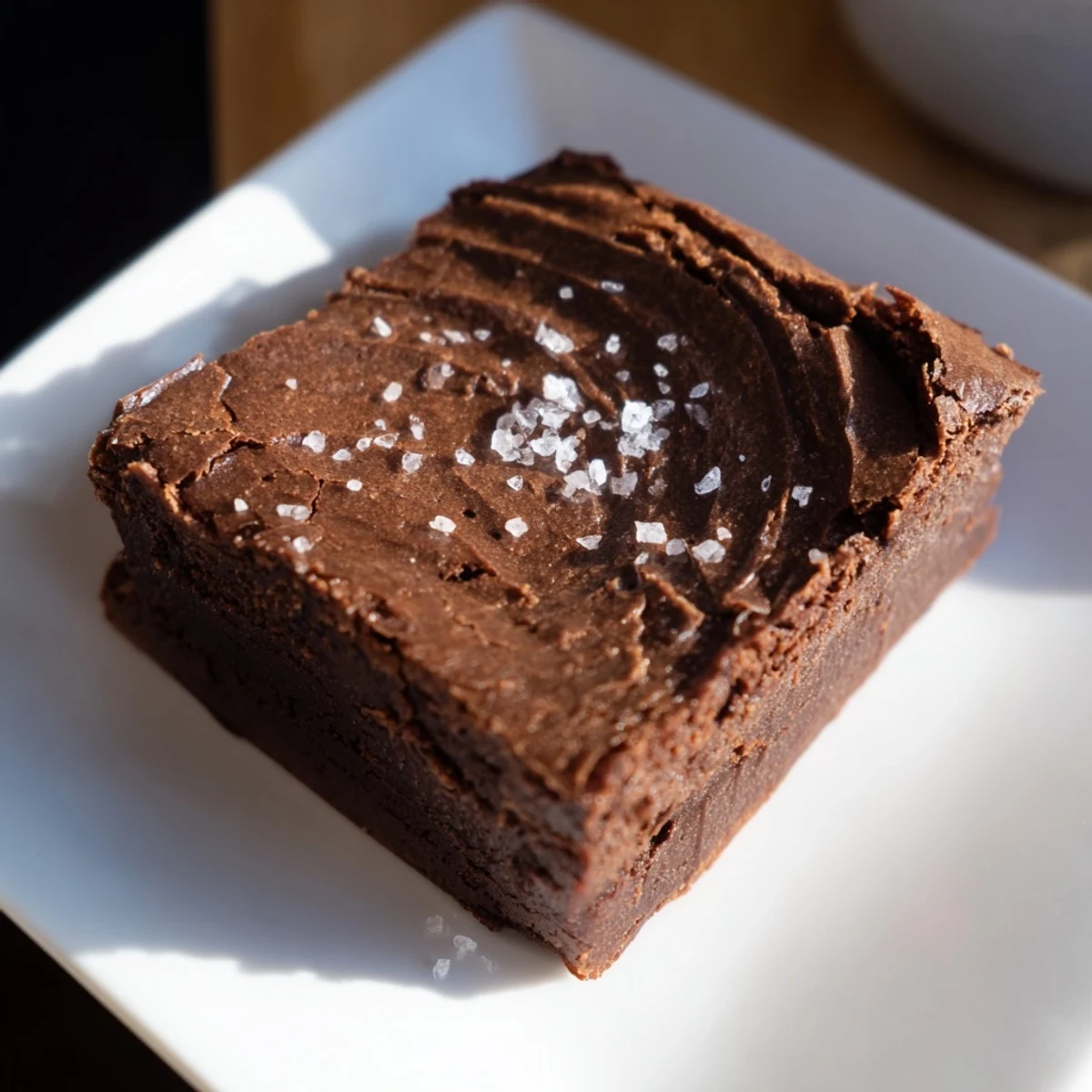 Warm, rich homemade dark chocolate and sea salt brownies ready to serve after baking in the oven.