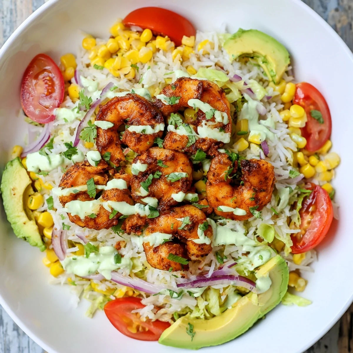 Cajun shrimp taco bowls, brimming with succulent, spicy shrimp and fresh, colorful vegetables, ready to enjoy.