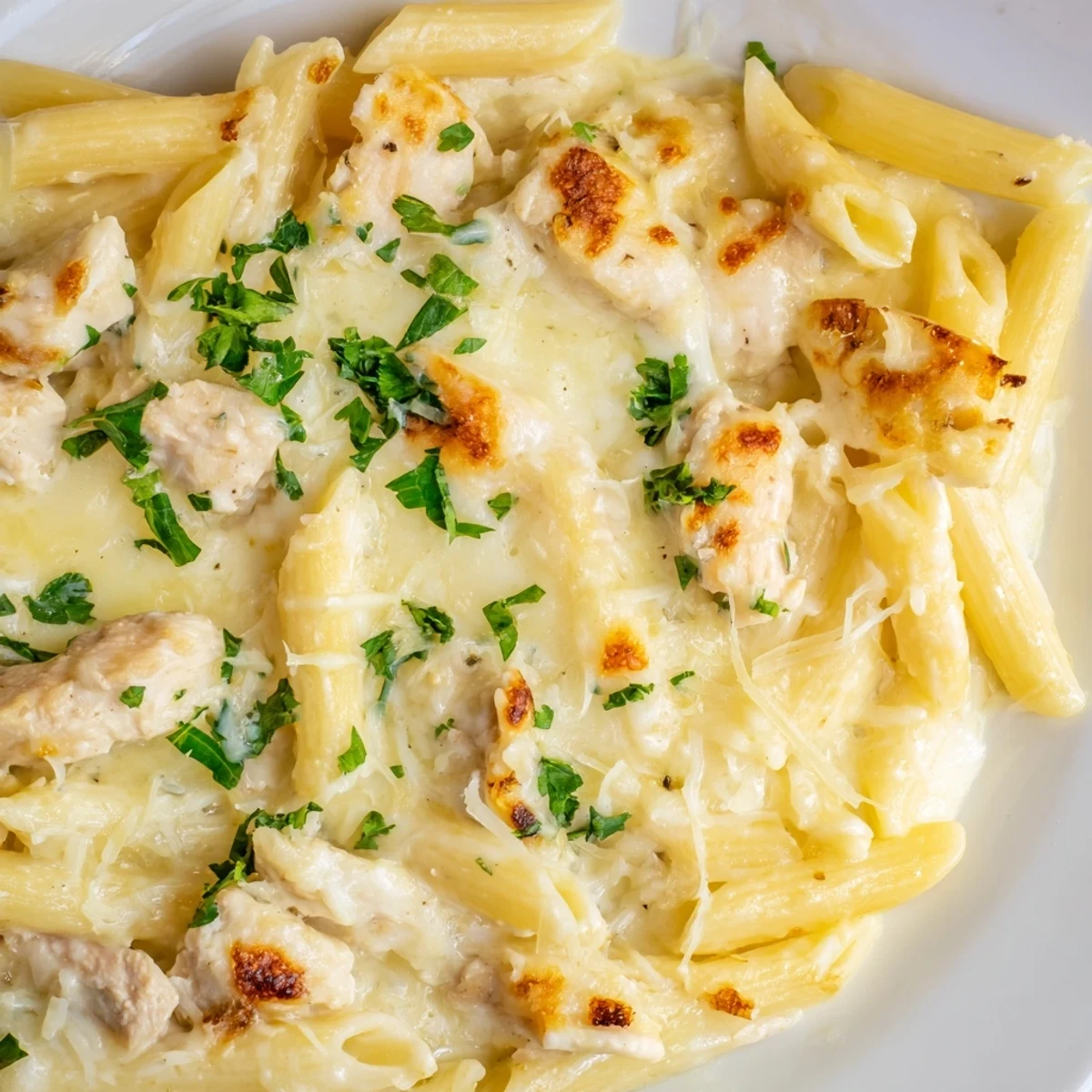 Golden-brown Chicken Alfredo Bake bubbling in a baking dish, ready to be served hot.