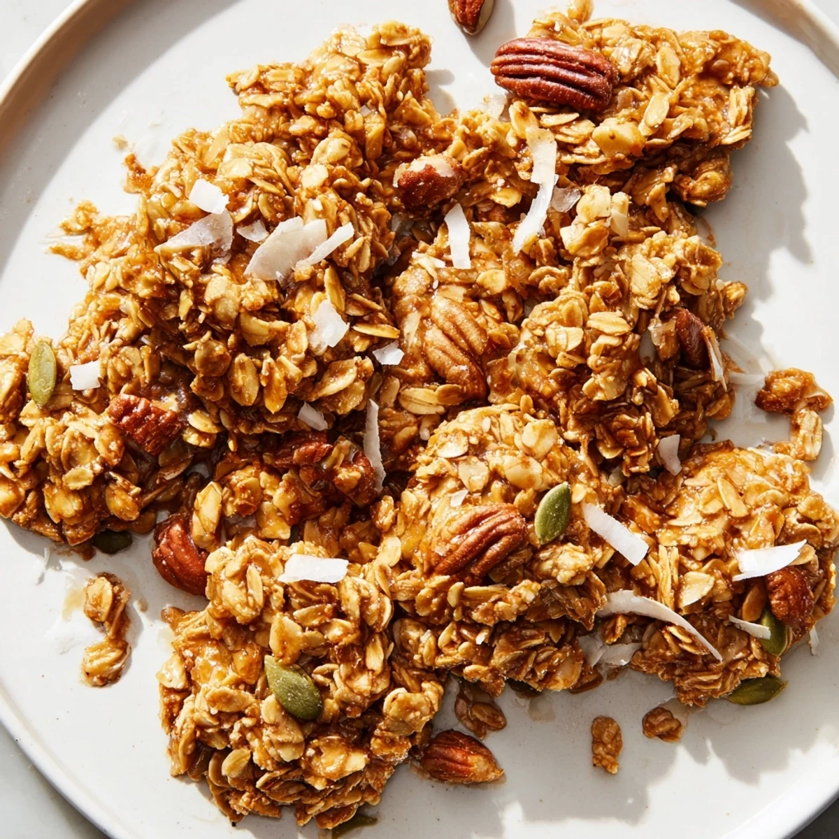 Golden, crunchy Honey Nut Granola Clusters, perfect for a breakfast bowl or afternoon snack.