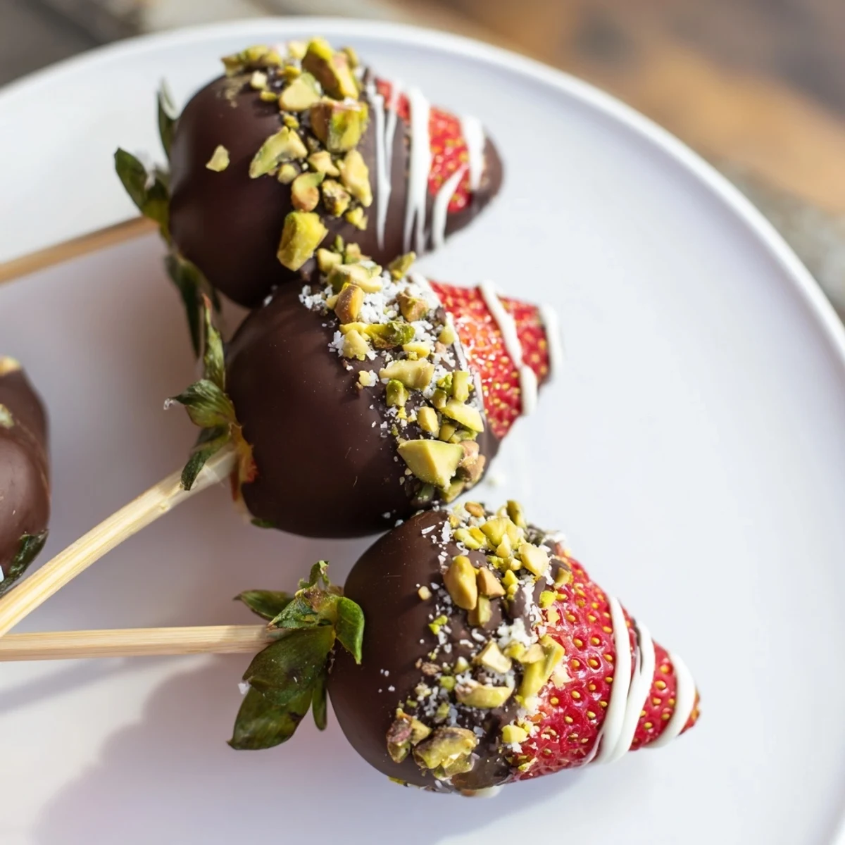 Juicy Chocolate-Dipped Strawberry Skewers glistening, ready to eat; a delightful party treat.