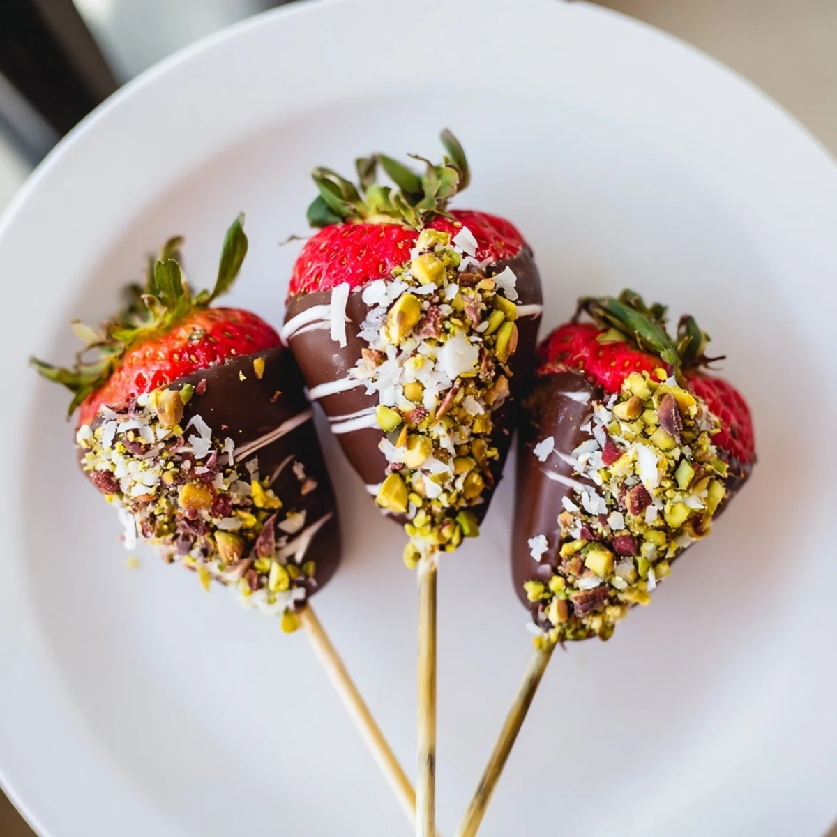Fresh strawberries dipped in dark chocolate, a simple Chocolate-Dipped Strawberry Skewers dessert, perfect for any occasion.