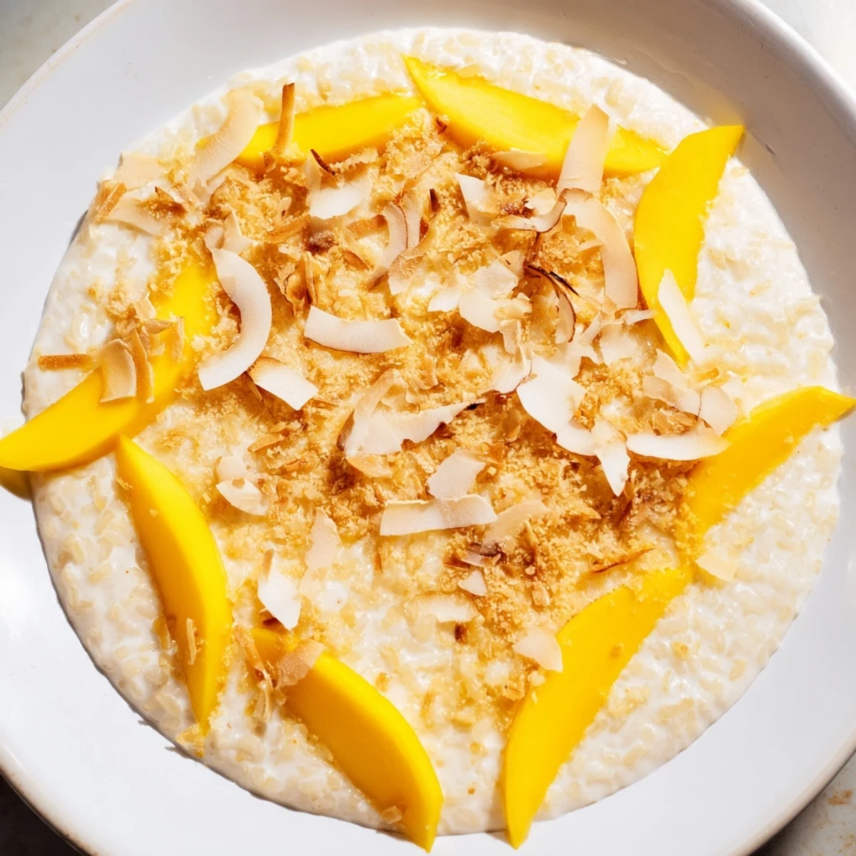 Creamy Toasted Coconut Rice Pudding topped with toasted flakes and fresh mango slices, a delightful treat.