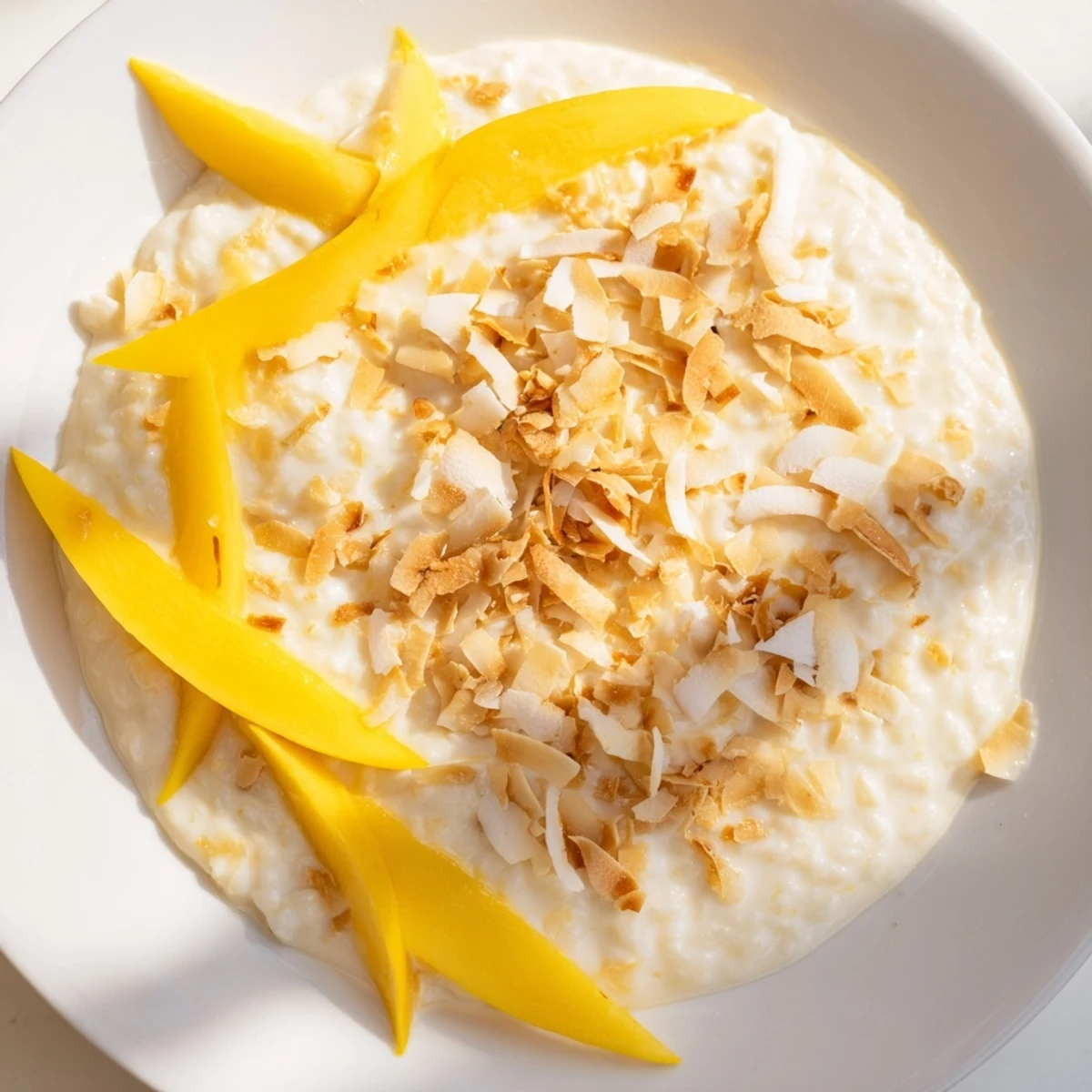 Warm Toasted Coconut Rice Pudding simmering in a pan, infused with tropical flavor and coconut milk.