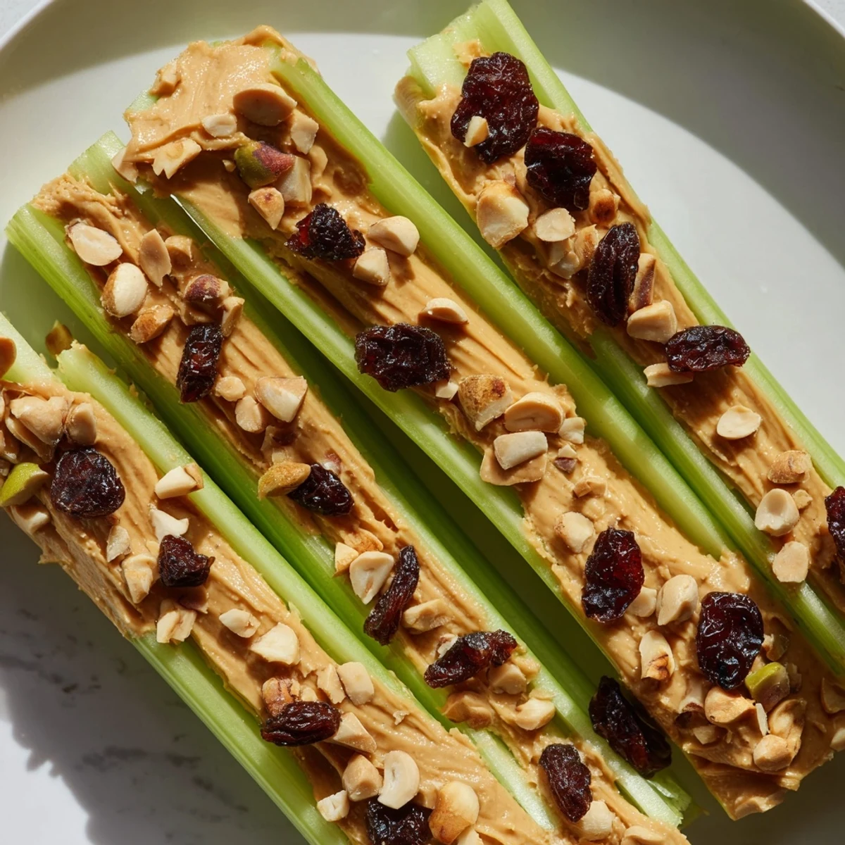 Peanut Butter Celery Sticks are shown: celery stalks overflowing with peanut butter and crunchy toppings.