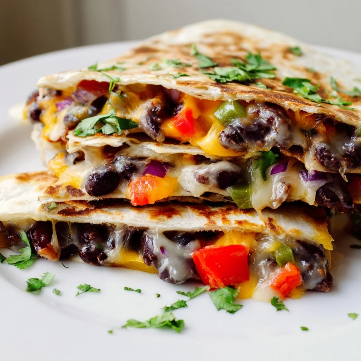 A perfectly folded Black Bean Quesadilla cut into wedges, ready to eat with a dollop of sour cream.