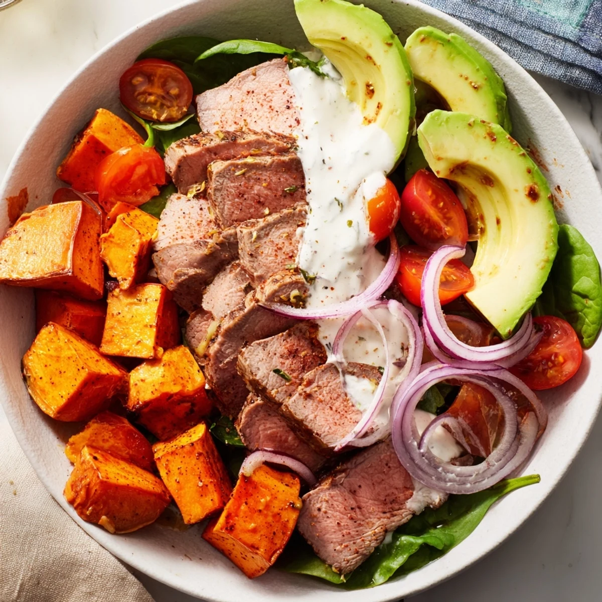 Beef Avocado Sweet Potato Bowl with tender beef, creamy avocado, and roasted sweet potatoes, a colorful meal.