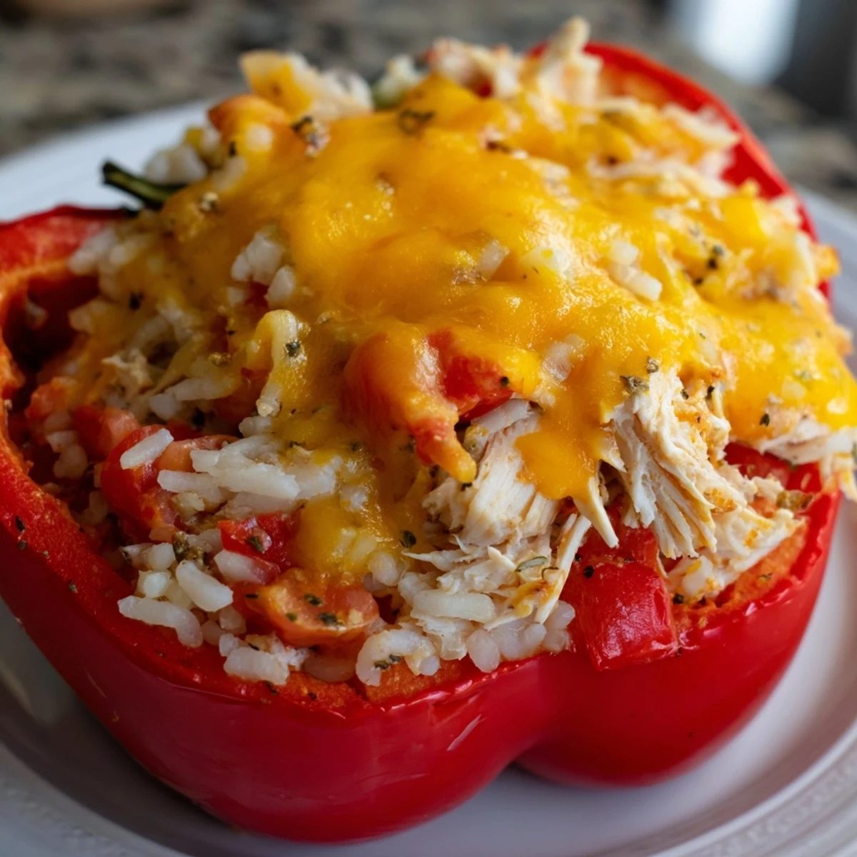 Golden, bubbly Cheesy Chicken Stuffed Peppers, a hearty dish with vibrant bell peppers and melted cheese.