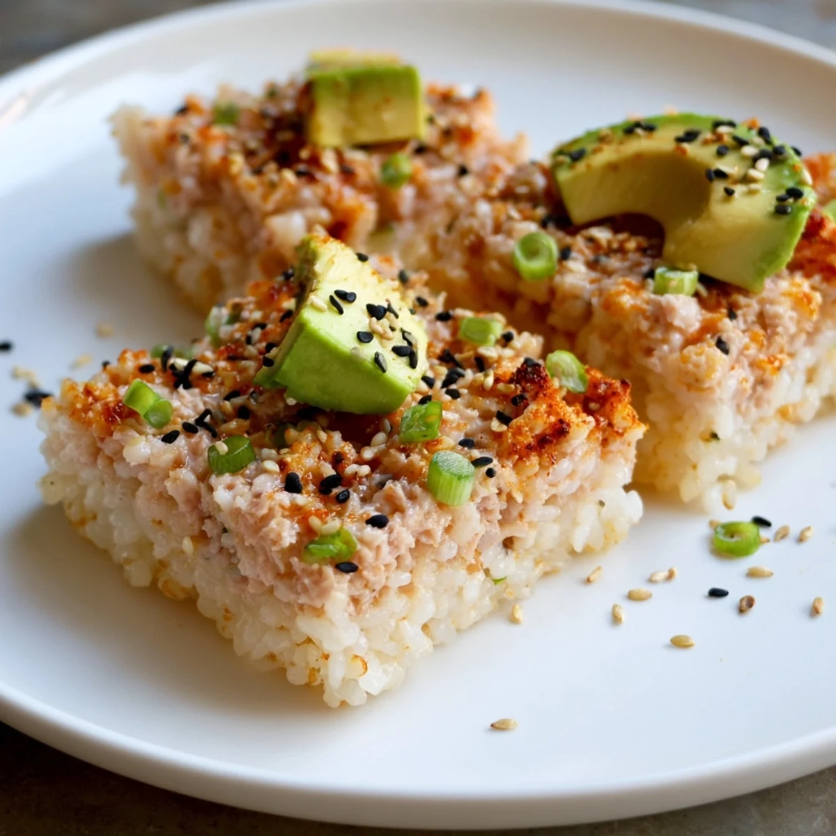 Golden, crispy Spicy Tuna Crispy Rice squares topped with vibrant red spicy tuna and avocado chunks.