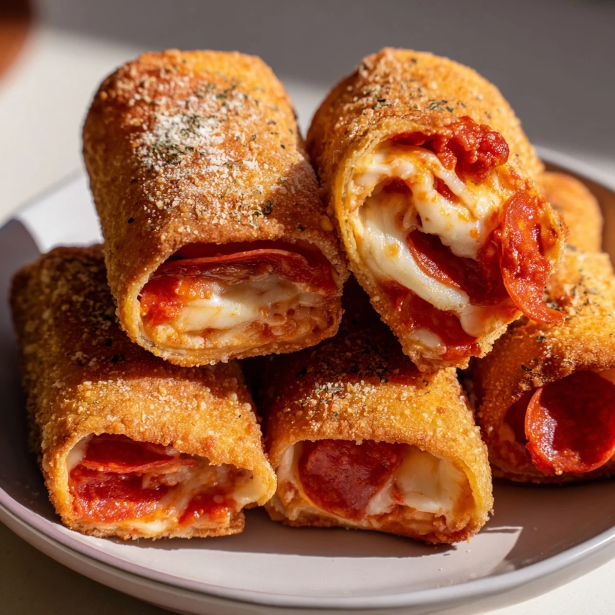 Golden, crispy Air Fryer Pizza Rolls served with a side of warm, red pizza sauce for dipping.