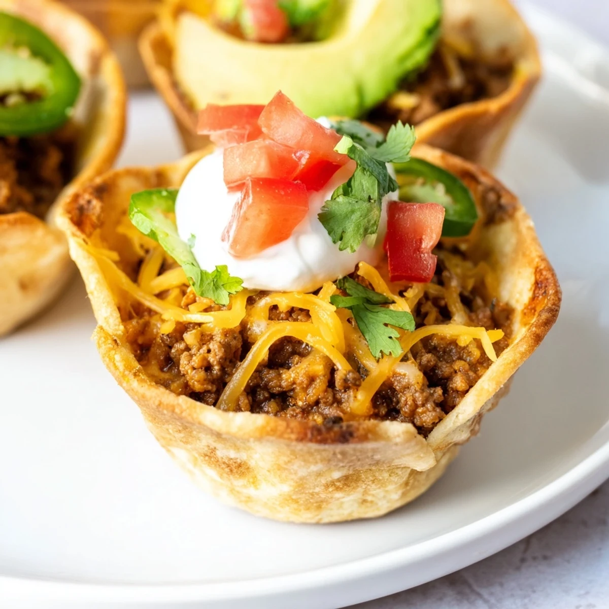 Golden, cheesy Mini Taco Cups filled with seasoned beef and topped with fresh salsa.