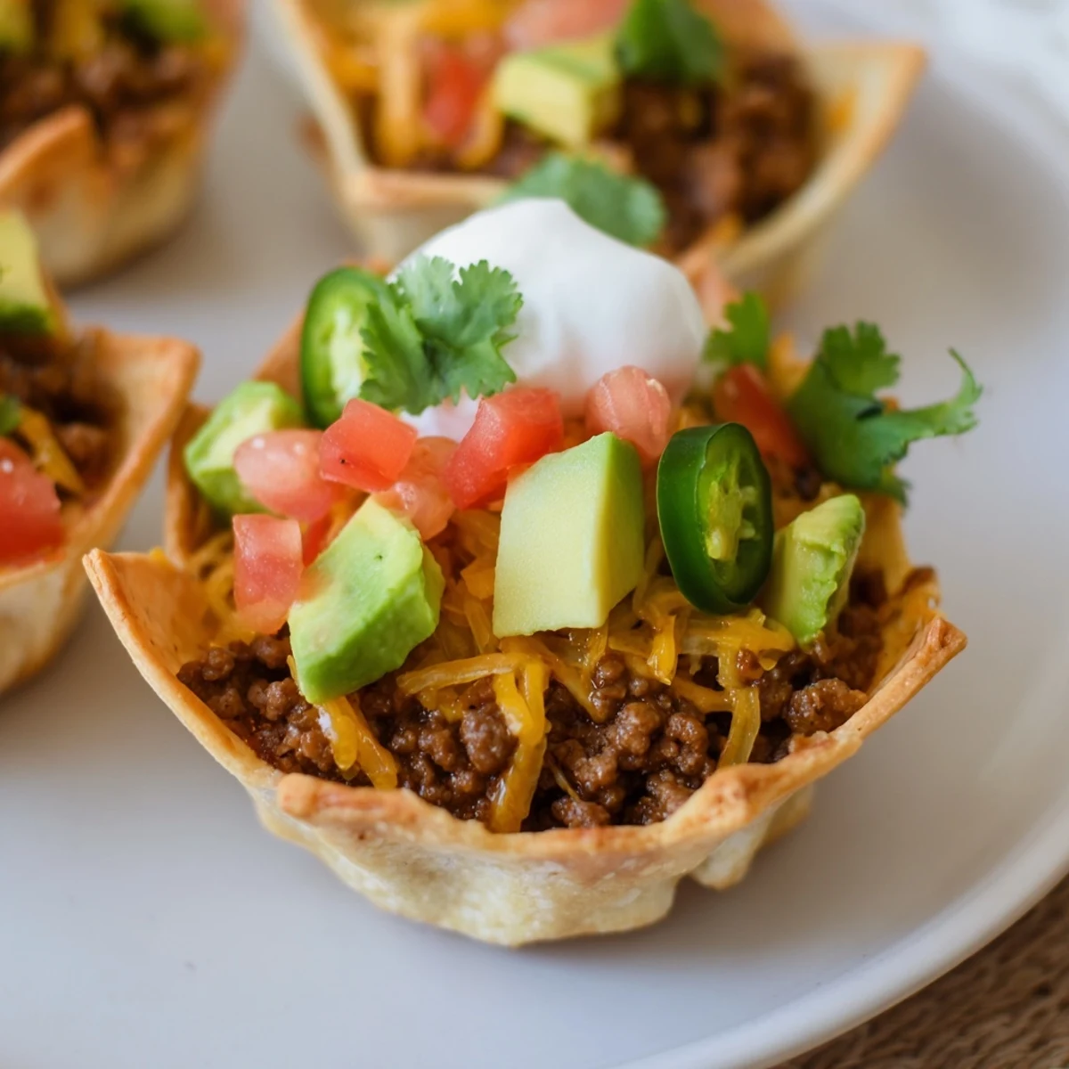 A close-up of baked Mini Taco Cups, perfectly golden, ready to be enjoyed as a snack.