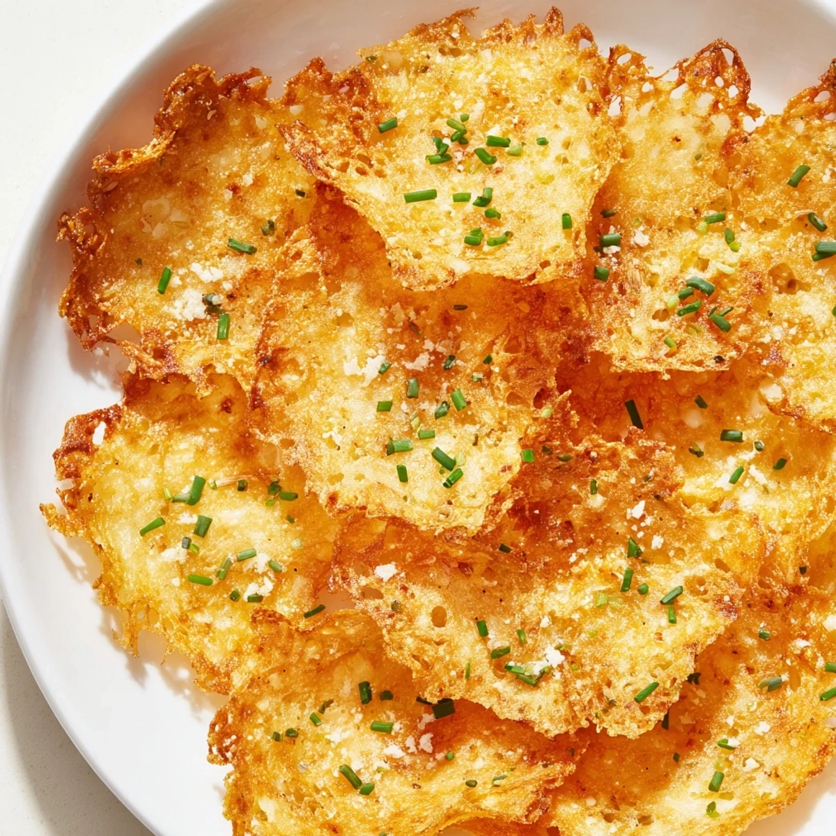 Golden, crispy Cottage Cheese Chips ready to eat, served with a fresh, vibrant green herb garnish.