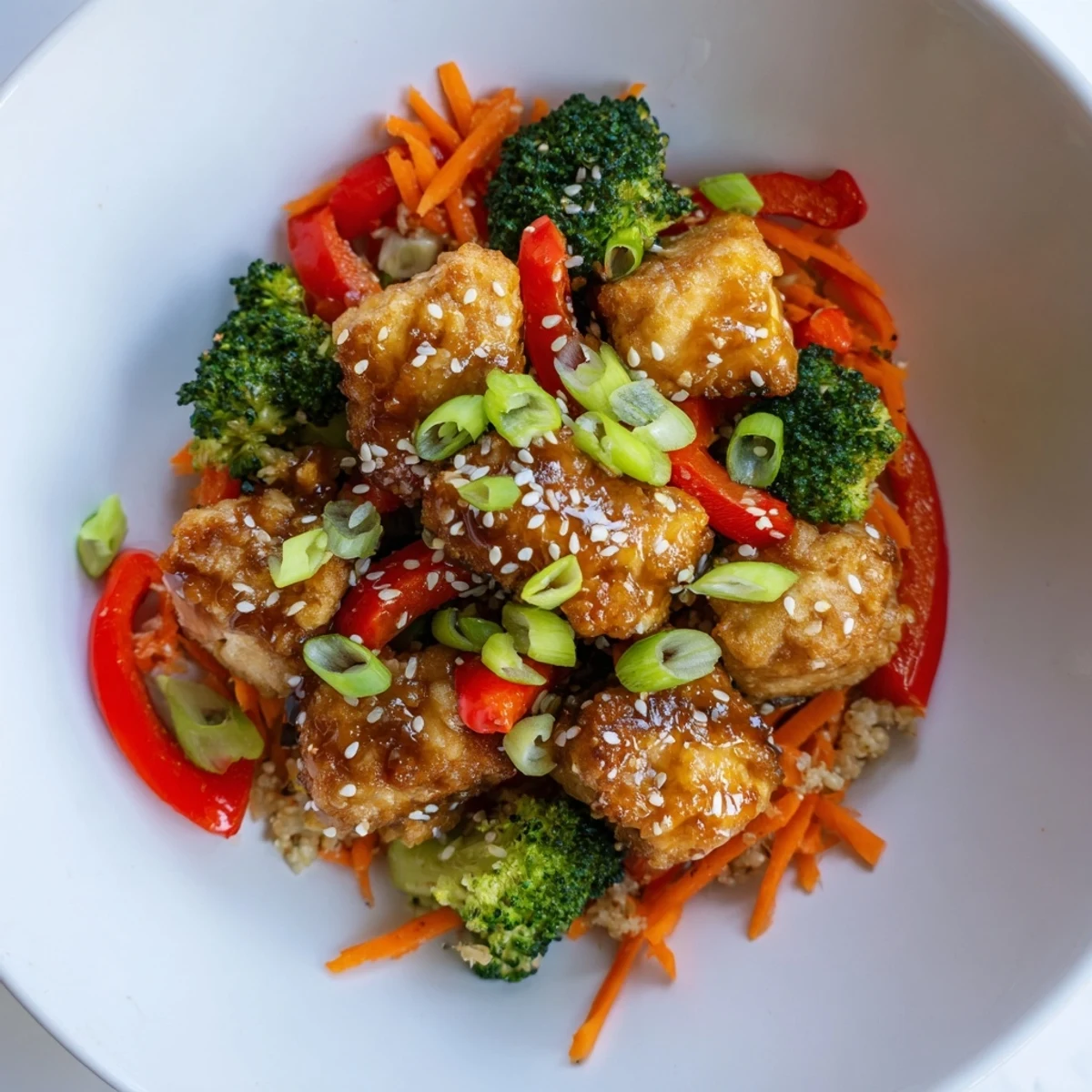 Crispy honey garlic tofu bowls with glistening sauce over fluffy rice, a complete meal.