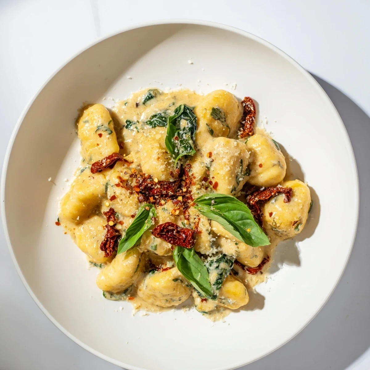This creamy Tuscan gnocchi dish features a rich Parmesan sauce and wilted spinach for a hearty dinner.