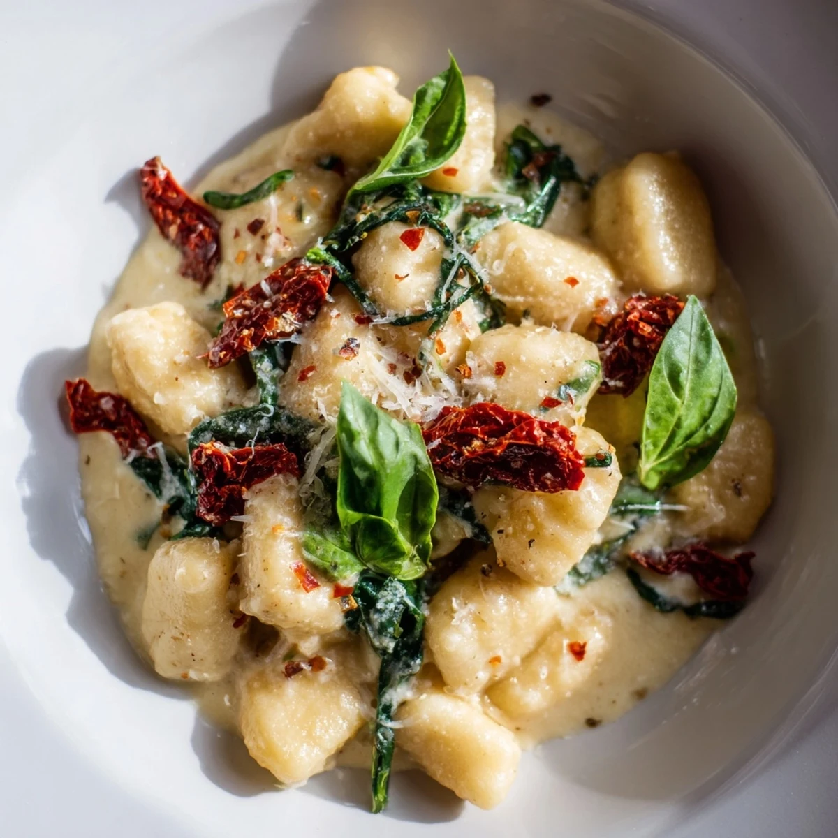 Pillowy gnocchi swimming in a creamy Tuscan sauce with sun-dried tomatoes; a delicious, vegetarian meal.