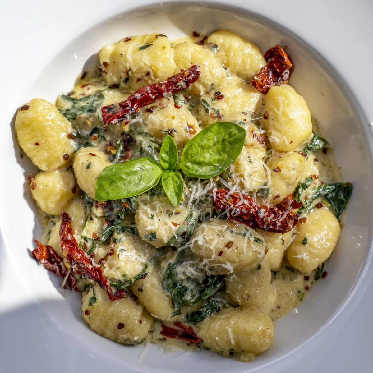 Enjoy a forkful of creamy Tuscan gnocchi, garnished with fresh basil and extra Parmesan cheese.